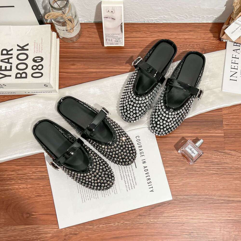 Su Yinyin 2025 New Flowing ~ Rhinestone Mesh Breathable Buckle Strap Closed-Toe Vacation for Women Half Slippers Summer