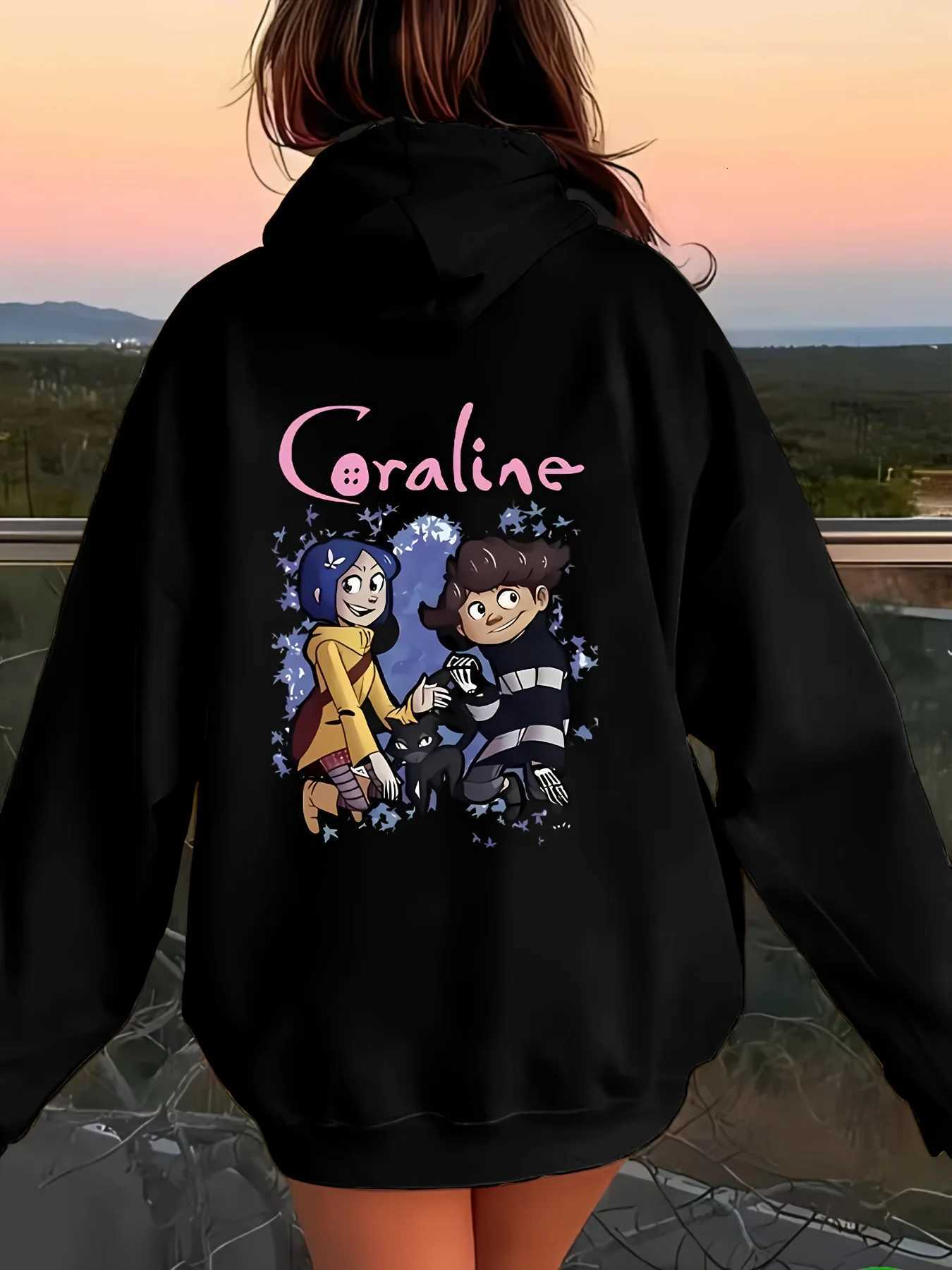 Womens Coraline Cartoon Print Hoodie Casual Polyester Pullover with Drawstring Knit Fashion Sweatshirt for All Seasons XJ250717