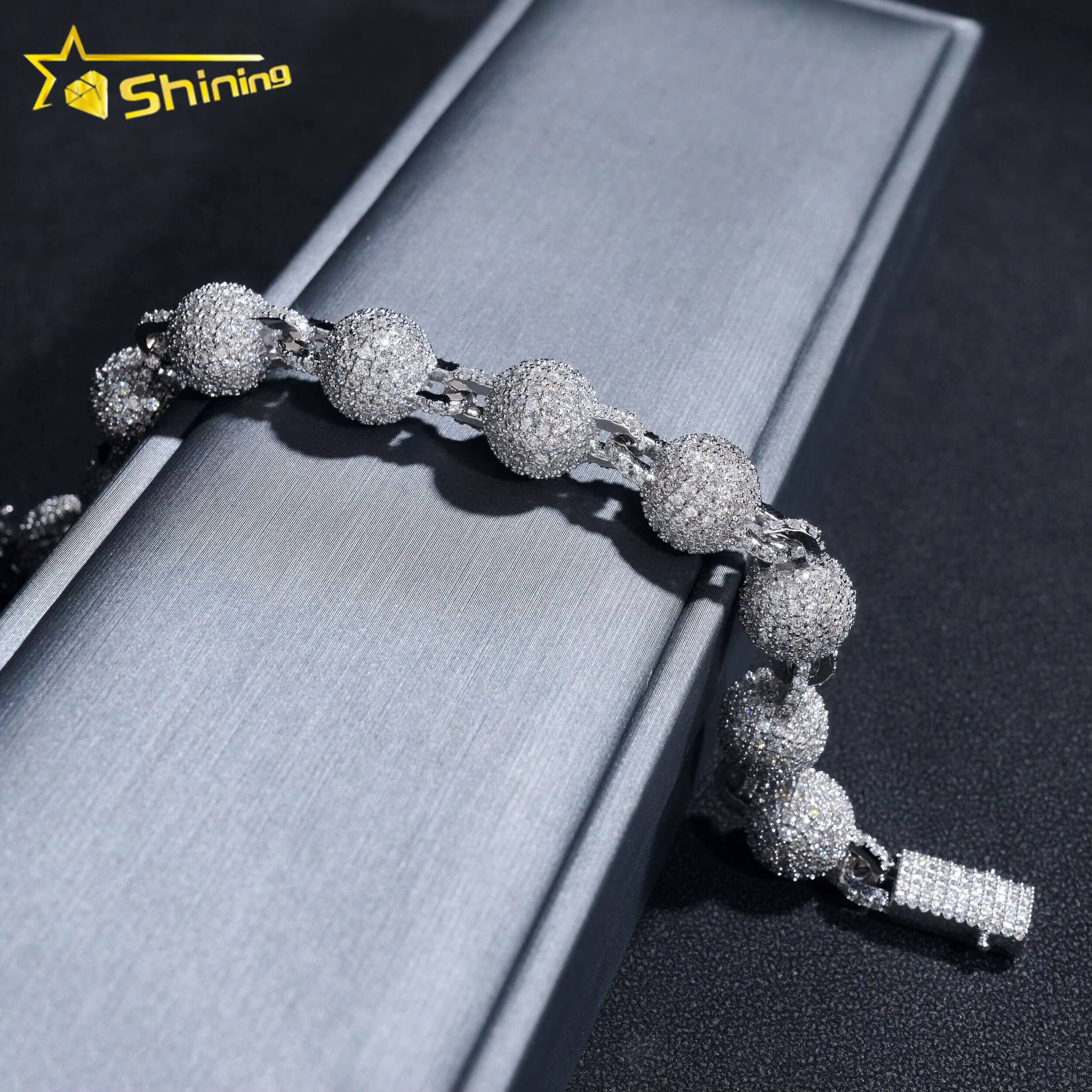 Hip Hop Jewelry 925 Silver Fashion 10MM Iced Out Diamond Moissanite Bead Ball Bracelet