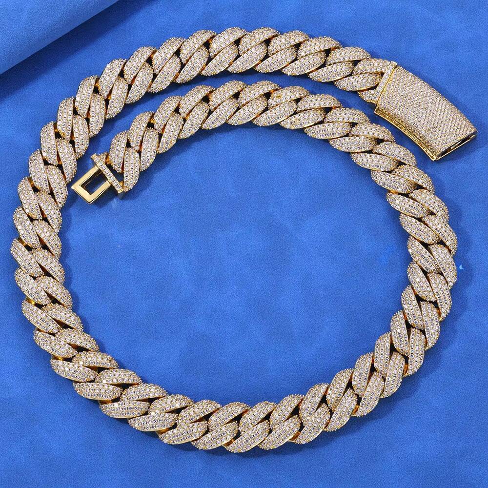 Mens S925 Silver Moissanite Three-Row Full Diamond Bubble Cuban Chain Hip Hop Style Chic Necklaces