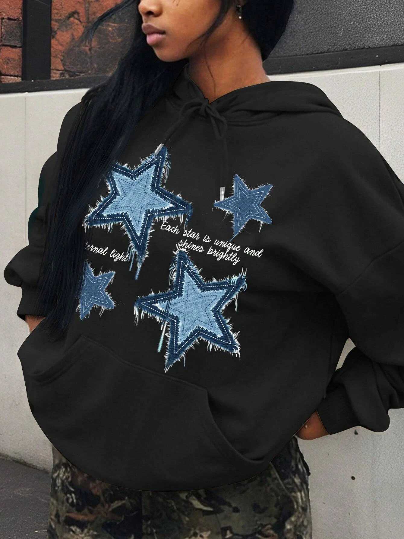 Retro Blue Star Printed Women Hoodie Casual Multicolor Hoodie Vintage Loose Y2K Hoodies Comfortable Face Women Clothing XJ250717
