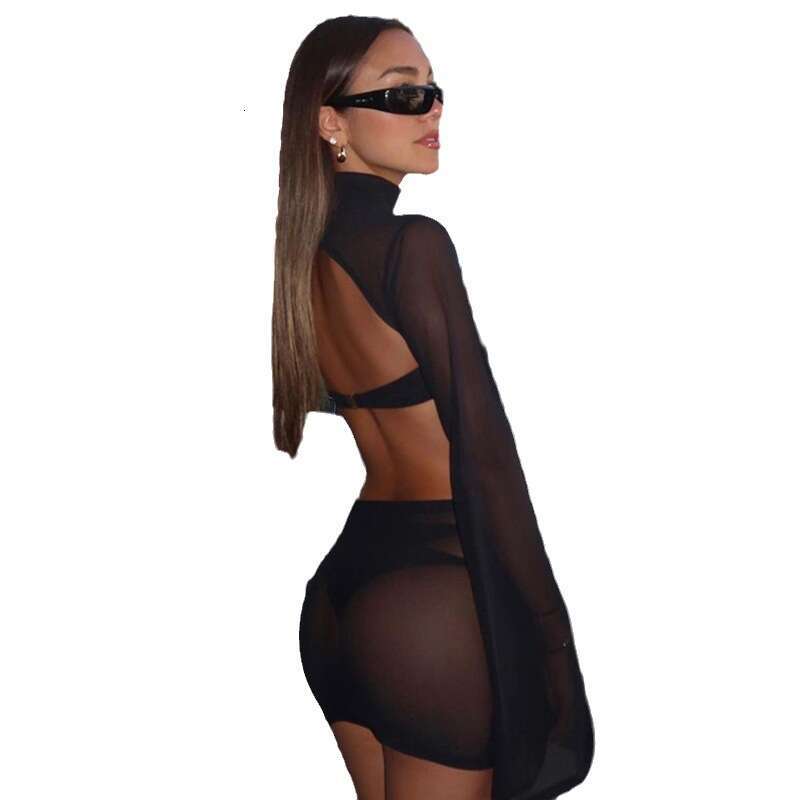 Fashion Summer New Women's Backless Mesh Flare Sleeve Short Sexy Hot Girl Bodycon Dress B5