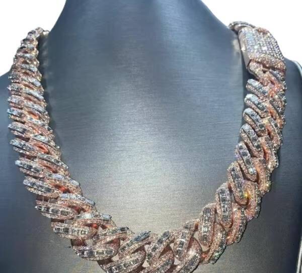 20mm Baguette Miami Cuban Link Chain VVs Moissanite Diamond 925 Sterling Silver Rose Gold Plated 18-24 Necklace