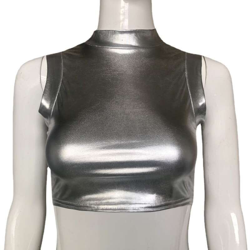 Summer New Style Shiny Patent Leather High Neck Slim Stage Performance Dress Women's Sleeveless Vest B5