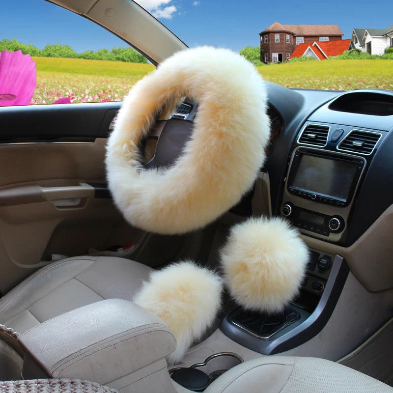 YESPLEASE 3pcsset Wool Winter Car Steering Wheel Cover Long Australian Wool Heated Fur Handbrake Gear Shifter Cover 250715