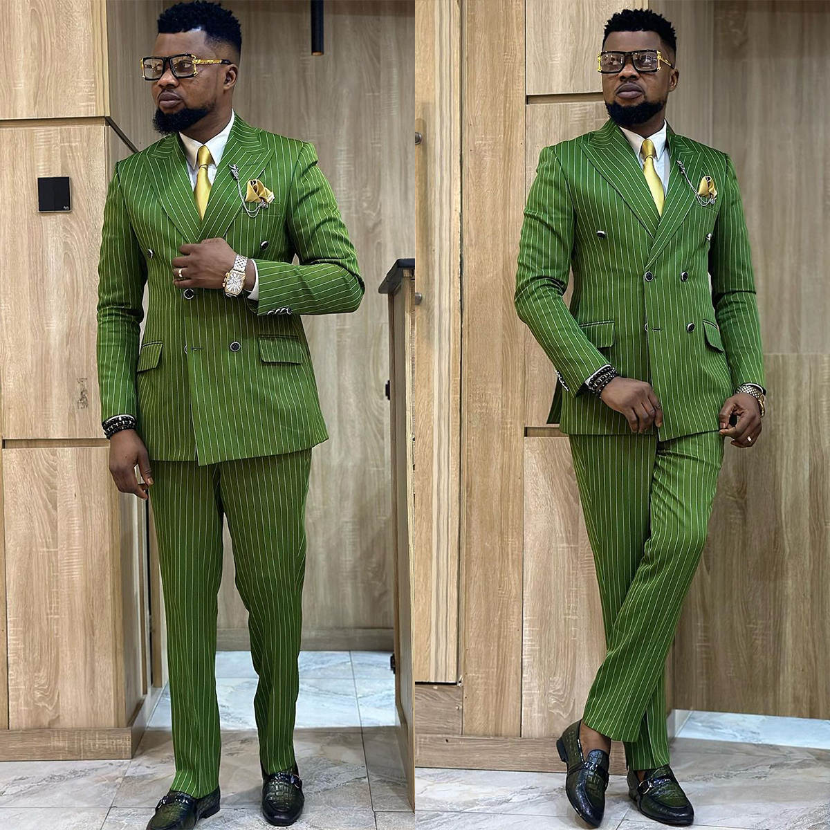 Men Suits Customized 2 Pieces Peaked Lapel Double Button Stripe Groom Wedding Party Tuxedos Loose Fit Male Jacket Homme