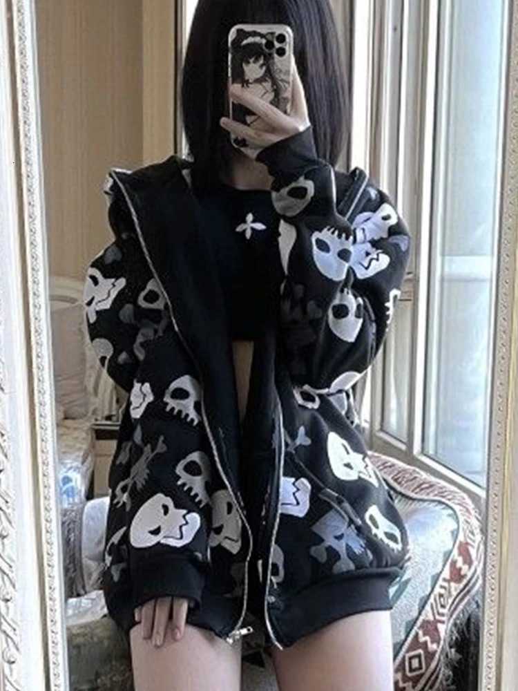 Alt Goth Cyberpunk Y2k Sweatshirt Women Mall Goth Harajuku Skull Printed Long Sve Zipper Cardigan Hoodie Emo Alt Indie Clothes XJ250717