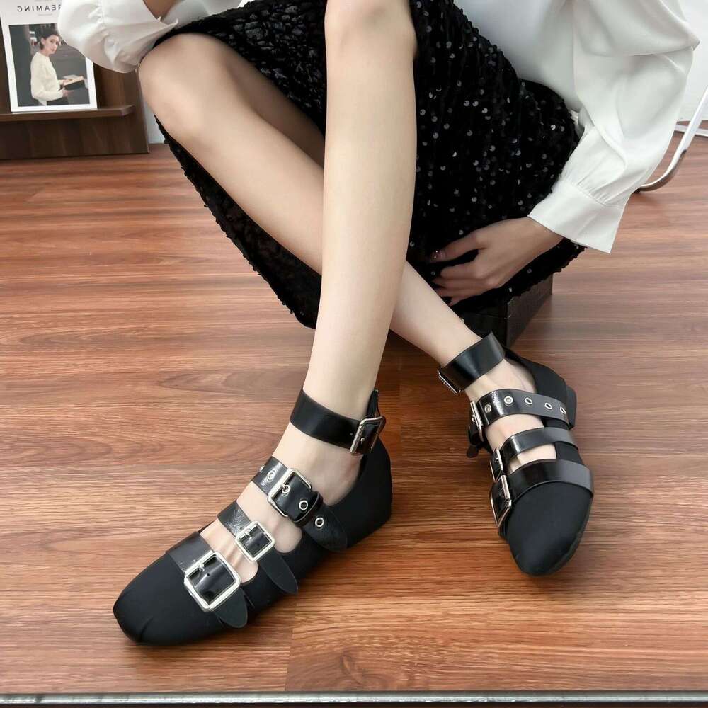 2025 Spring Summer New French Style One-Strap Mary Jane Belt Buckle Flat Single Shoes Women, Versatile for Outdoor Wear