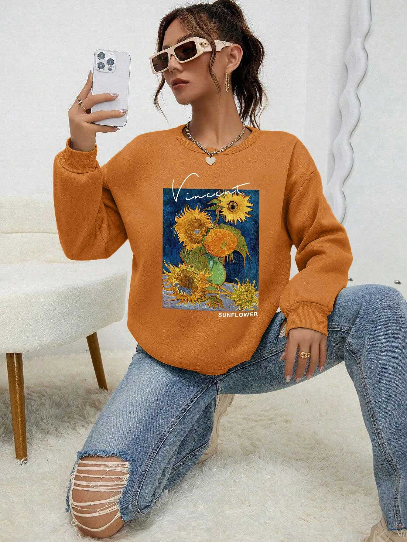 Van Gogh Suower Print Womens Hoodies Autumn New Sweatshirt Creative Comfortable Hoody Street Soft Fce Fe Sportswears XJ250717