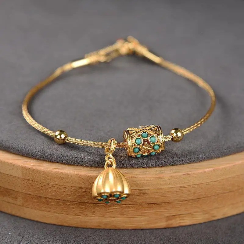 Ancient gold craftsmanship inlaid turquoise lotus with adjustable bracelet temperament retro ancient ladies jewelry 250712