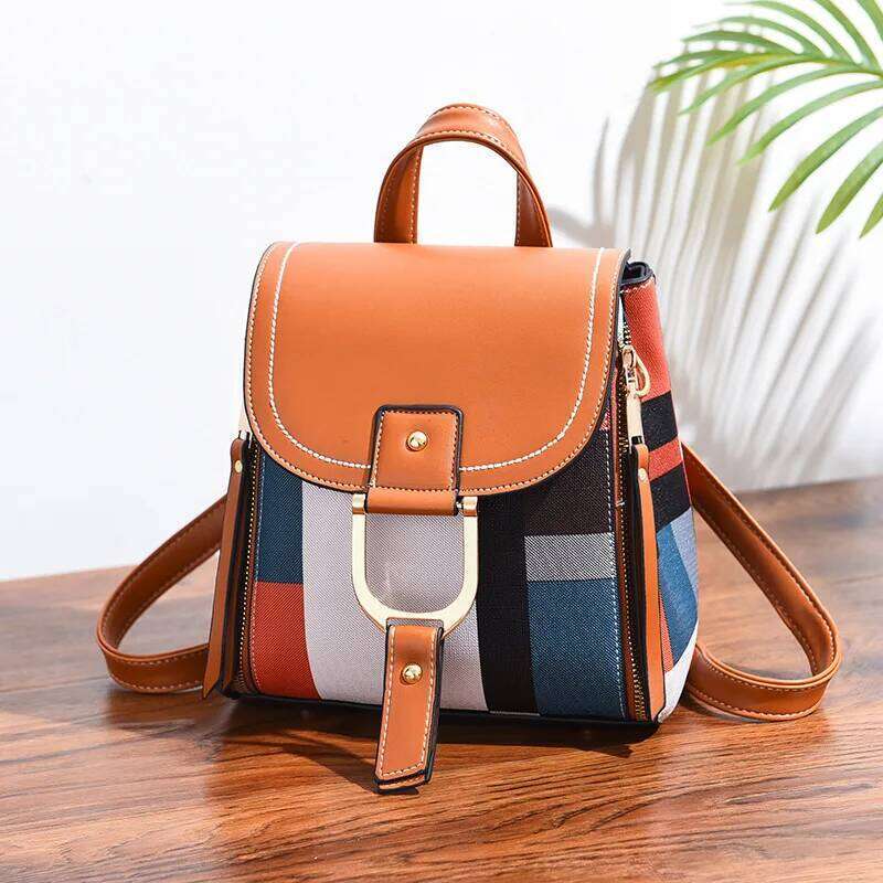 Splicing For Women PU Leather Plaid Multi-Function Knapsack Teenager School Bag Leisure Lock Backpack mochila