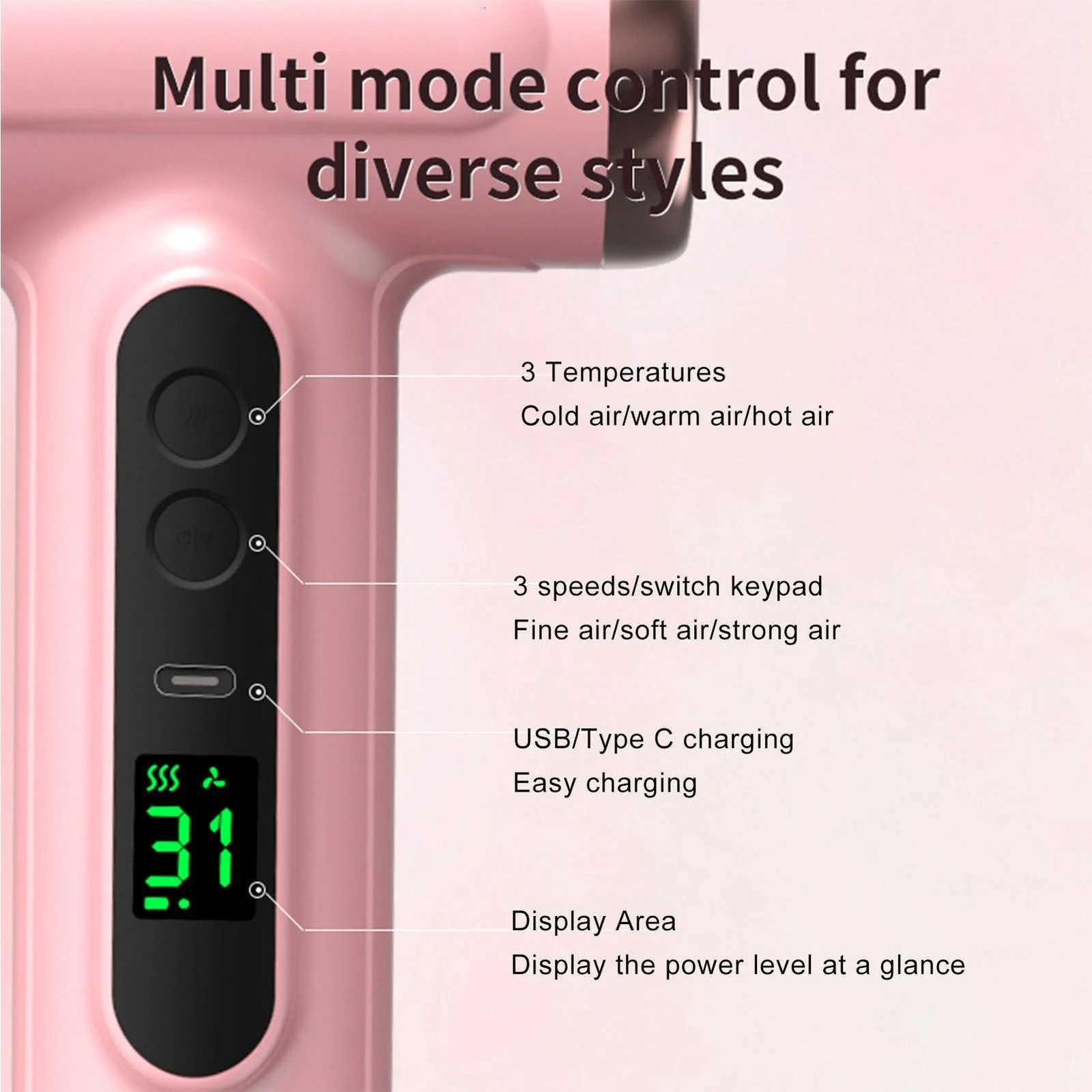 Portable Hair Dryer USB Charging Ergonomic Grip Hot and Cold Air Hair Dryer 200W Fast Drying with Nozzle for Travel W250718