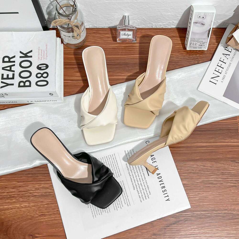 Designer Luxury High Heel Sandals Super Model Proportion 7cm French Square Toe Ruched Strap Mules Half Slippers for Women