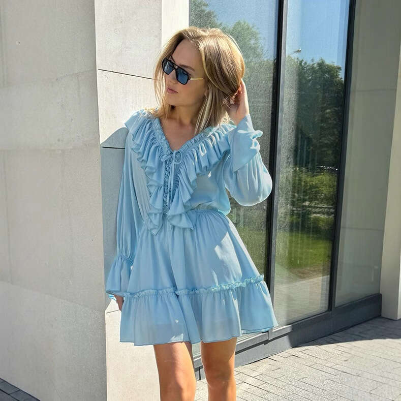 V-Neck For Women Spring Summer New Bell Sleeve Short Chiffon Dress B5