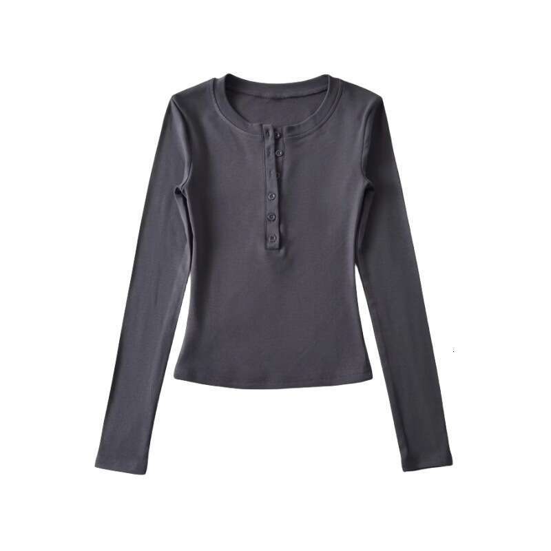 Autumn Winter New Half Open Button Round Neck Long Sleeve Base Shirt For Women Basic Simple Elastic Slim Fit Fleece T-Shirt Top B5
