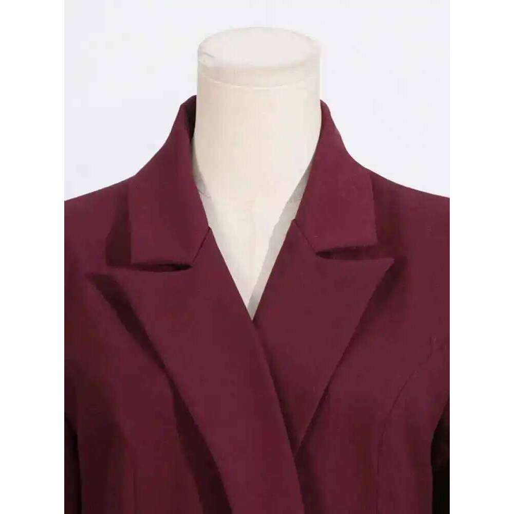 EAM Women Wine Red Elegant Suit Dress New Lapel Long Sleeve Waist Ruffles Hem Jacket Fashion Tide Spring Autumn 2025 30A2877
