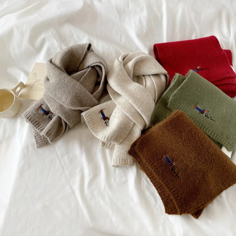 Korean Style Wool Knit Scarf for Women Winter Autumn Long Scarves Cute Dog Embroidery Shawl Wrap 250717