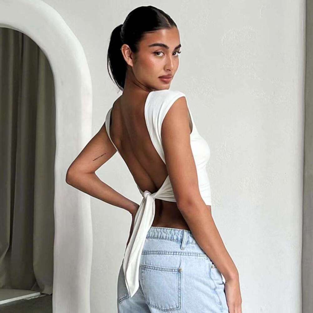 Pure Desire Style Short Crop Top Versatile Solid Color T-Shirt Summer Slim Fit Sexy Tie Back Design B5