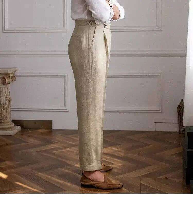 Spring Autumn Men 100% Linen Italian Naples High Waist Straight Suit Trousers Fashion Lightweight Breathable Casual Pants