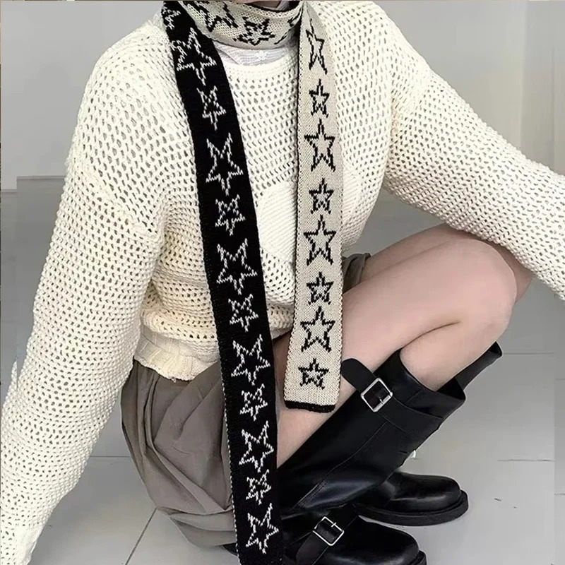 Star Cashmere Scarf Vintage Knitted Narrow Longer Scarf Women Two Colors Muffler Neck Warmer Y2k Girl Accessories Four Seasons 250717