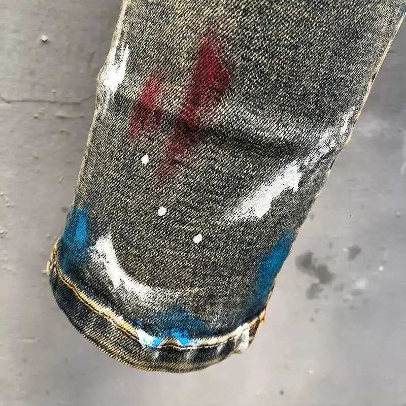 Old Wash Water Stretch Jean Skinny Tapered Trouser New Retro Splash Ink Jean Hombre Patch Biker Streetwear Ripped Denim Pants X250718