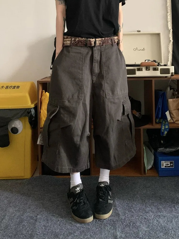 HOUZHOU Vintage Cargo Short Oversized Y2k Grunge Cropped Pants Wide Leg Hip Hop Style Streetwear Baggy Pockets Pant 250714
