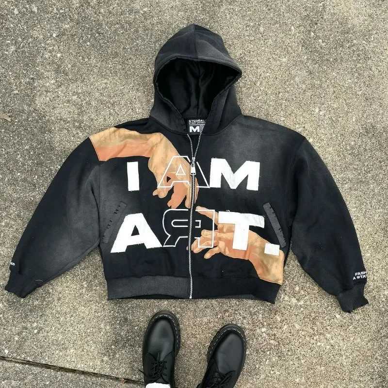 American Retro Letter Print Harajuku Y2K Loose Sweatshirt Men Street Casual Fashion Couple Oversized Zipper Hoodie Women X2507181