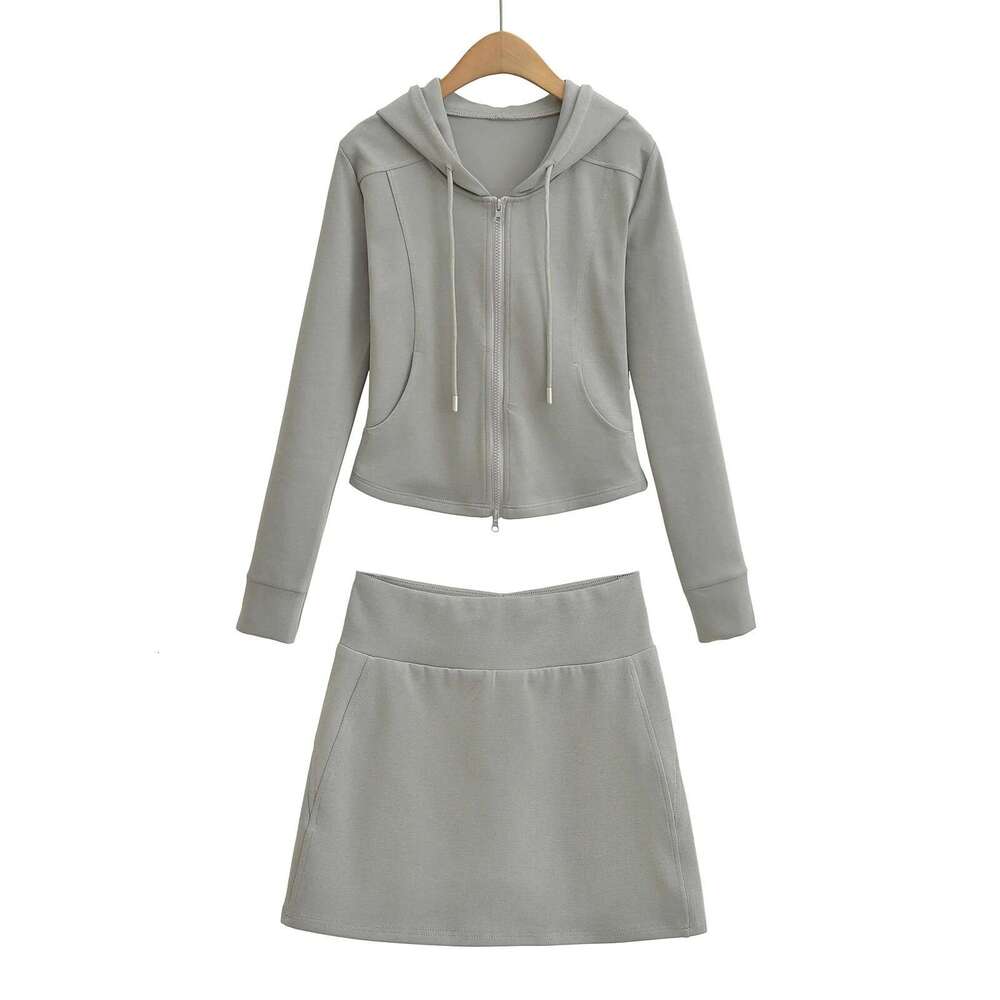 American Style Spicy Girl Hooded Sweatshirt With Casual Sports Skirt + Pure Desire Slim Fit Flared Long Pants Set B5 g5