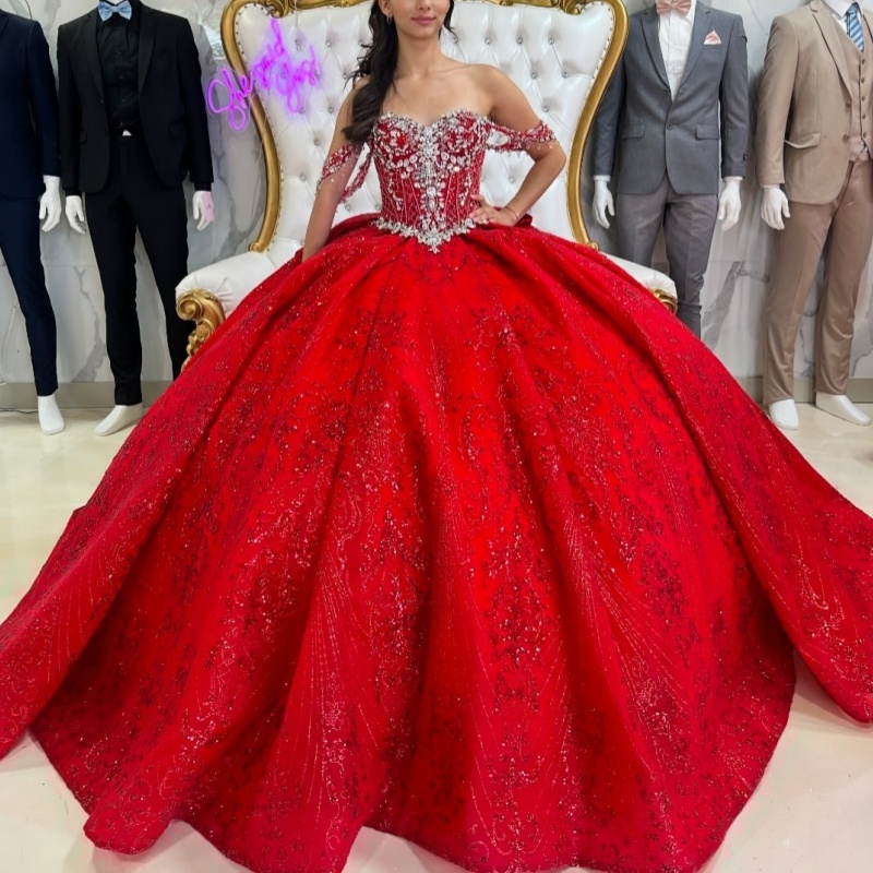 Red Shiny Quinceanera Dresses Ball Gown Off The Shoulder Sequin Applique Lace Beading Crystal Bow Tull Corset Party Birthday Sweet 16 Dress Vestidos 1