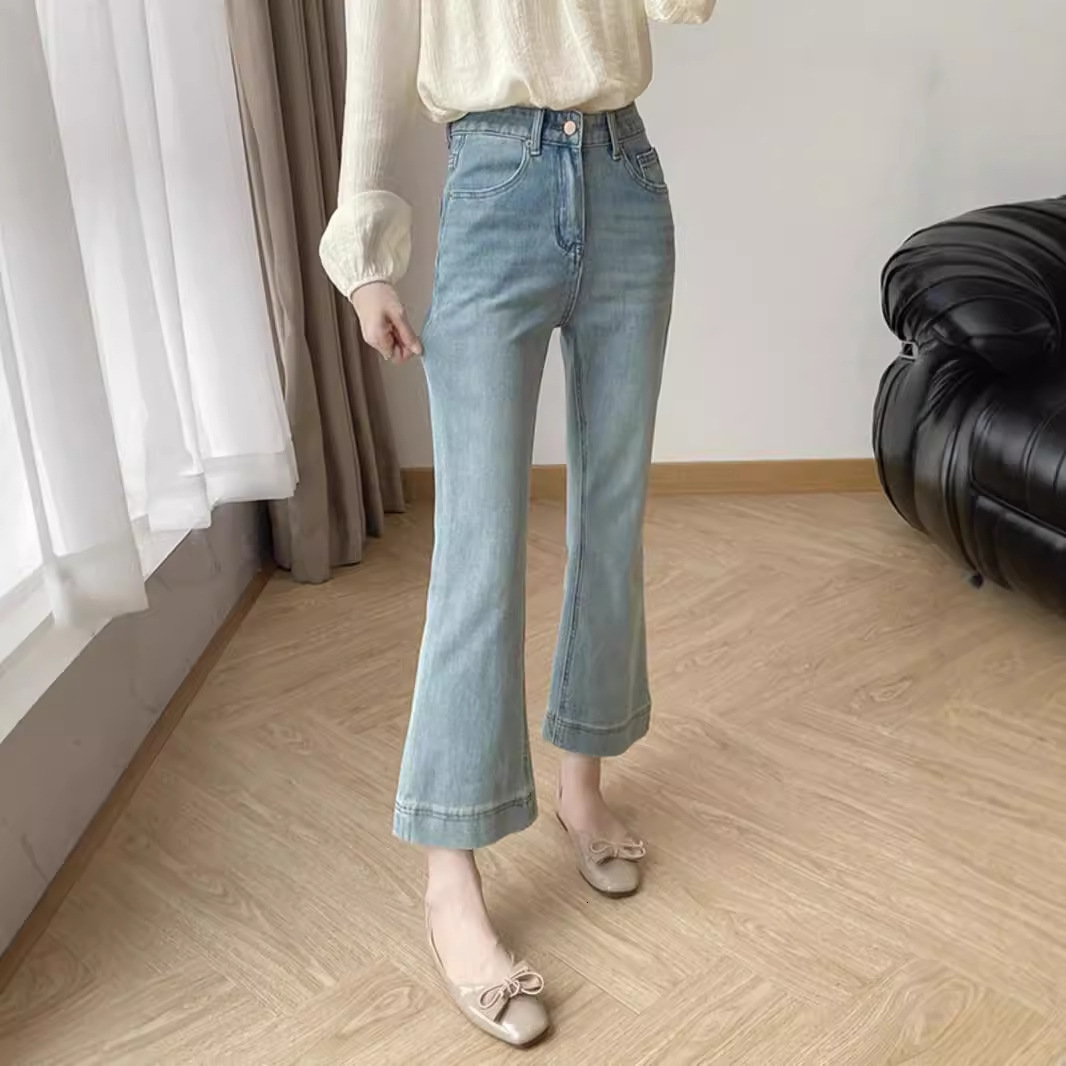 Light Blue Four-Way Stretch Thin Flared Jeans Women Summer Plus Size Casual Straight Pants for Petite Girls