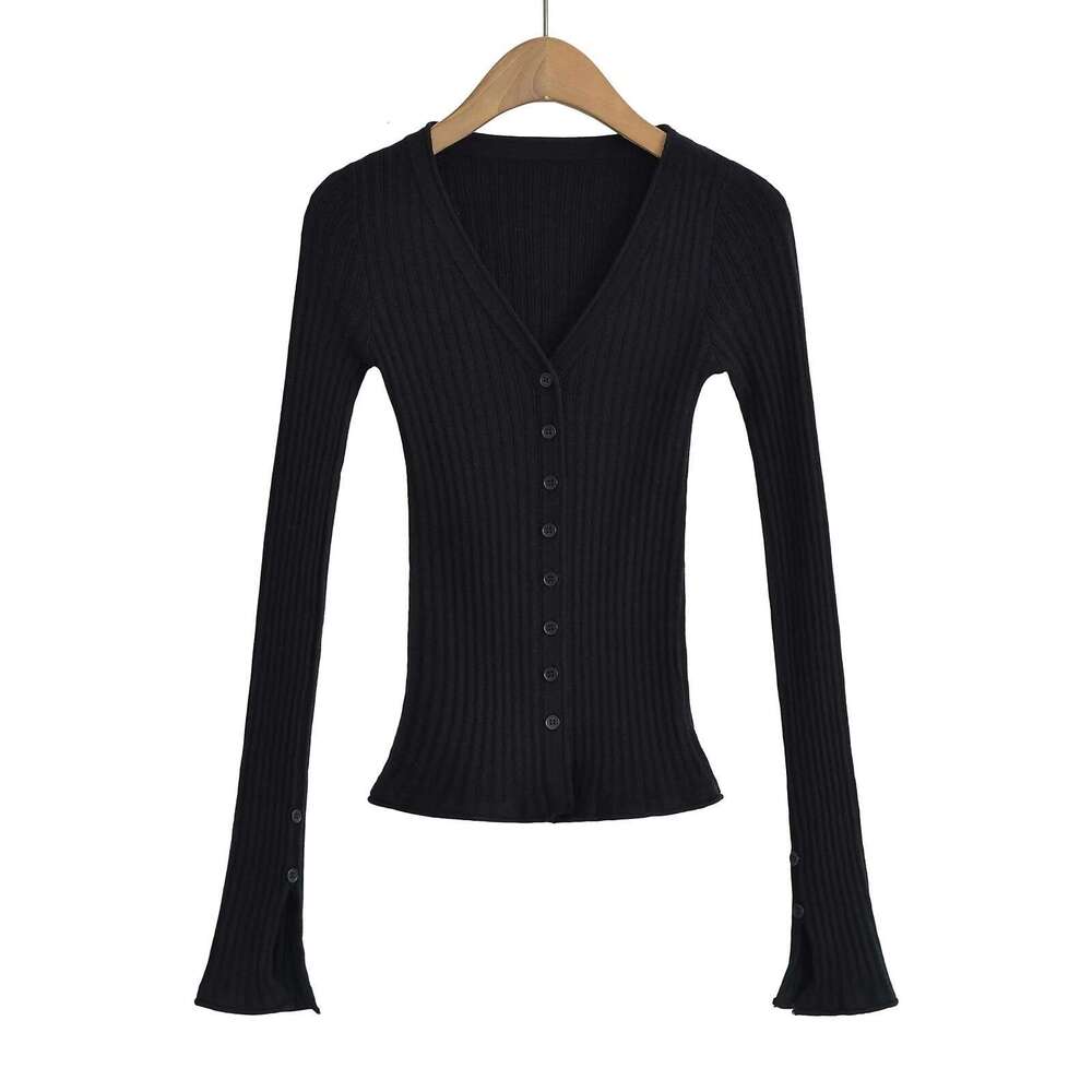 V-Neck Elegant Design Knitted Cardigan For Women Slim Fit Thin Base Shirt Early Autumn Top B5 g7