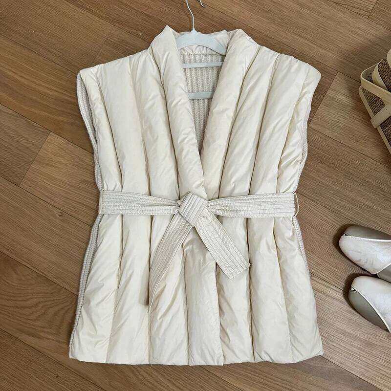 Schinteon Women 90% White Duck Down Knitting Wool Vest Autumn Winter Warm Sleeveless Jacket Korean Style Luxurious Top 2024 New MDNG