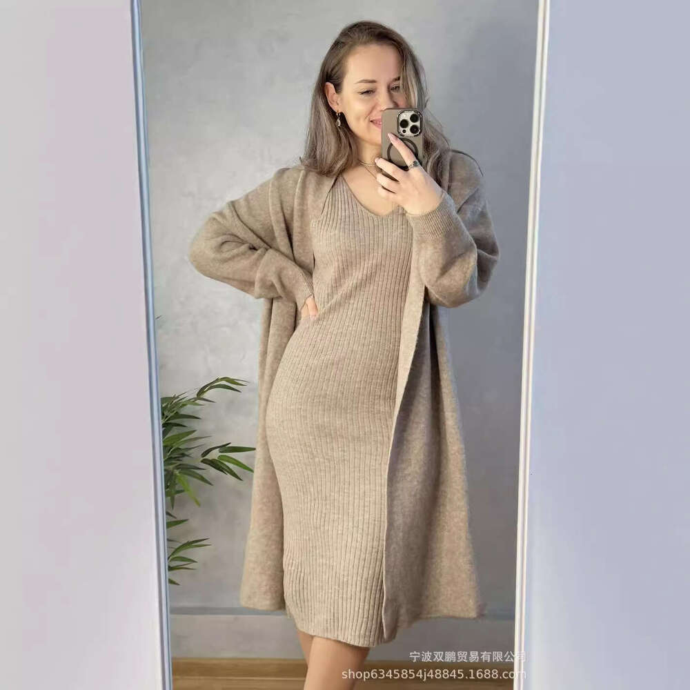 New Solid Color V-Neck Pullover Dress + Sweater Cardigan Elegant Knitted Set B5