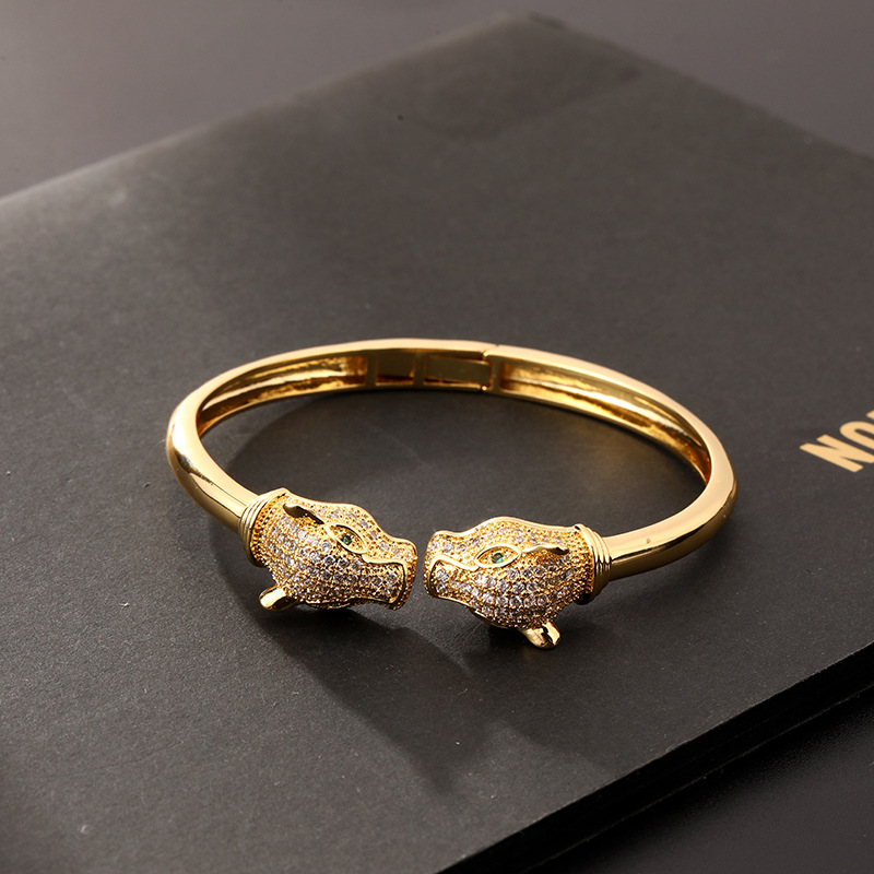 Leopard Print Open Cuff Bracelet 18K Gold Plated Hip Hop Bangle with Zircon Stones Animal Jewelry for Women and Men