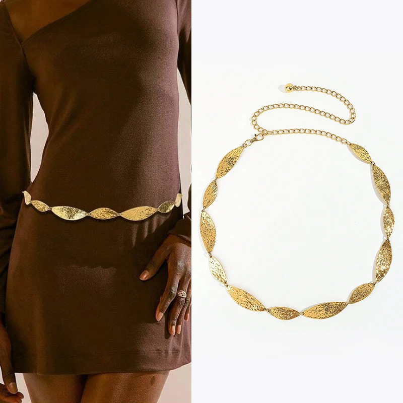 Fashion Golden Female Waist Chain Belt Western cowgirl leaf punk Metal Belts For Women Silver Waistband for summer beach 250715