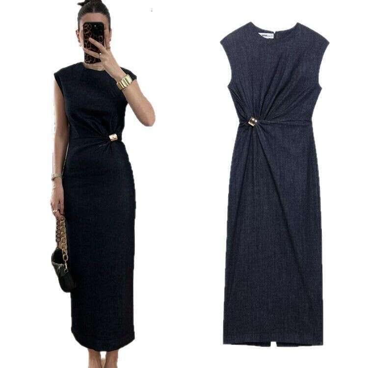 TRAFZA Spring Summer New Style Women's Fashionable Elegant Gold Embellished Denim Dress B5