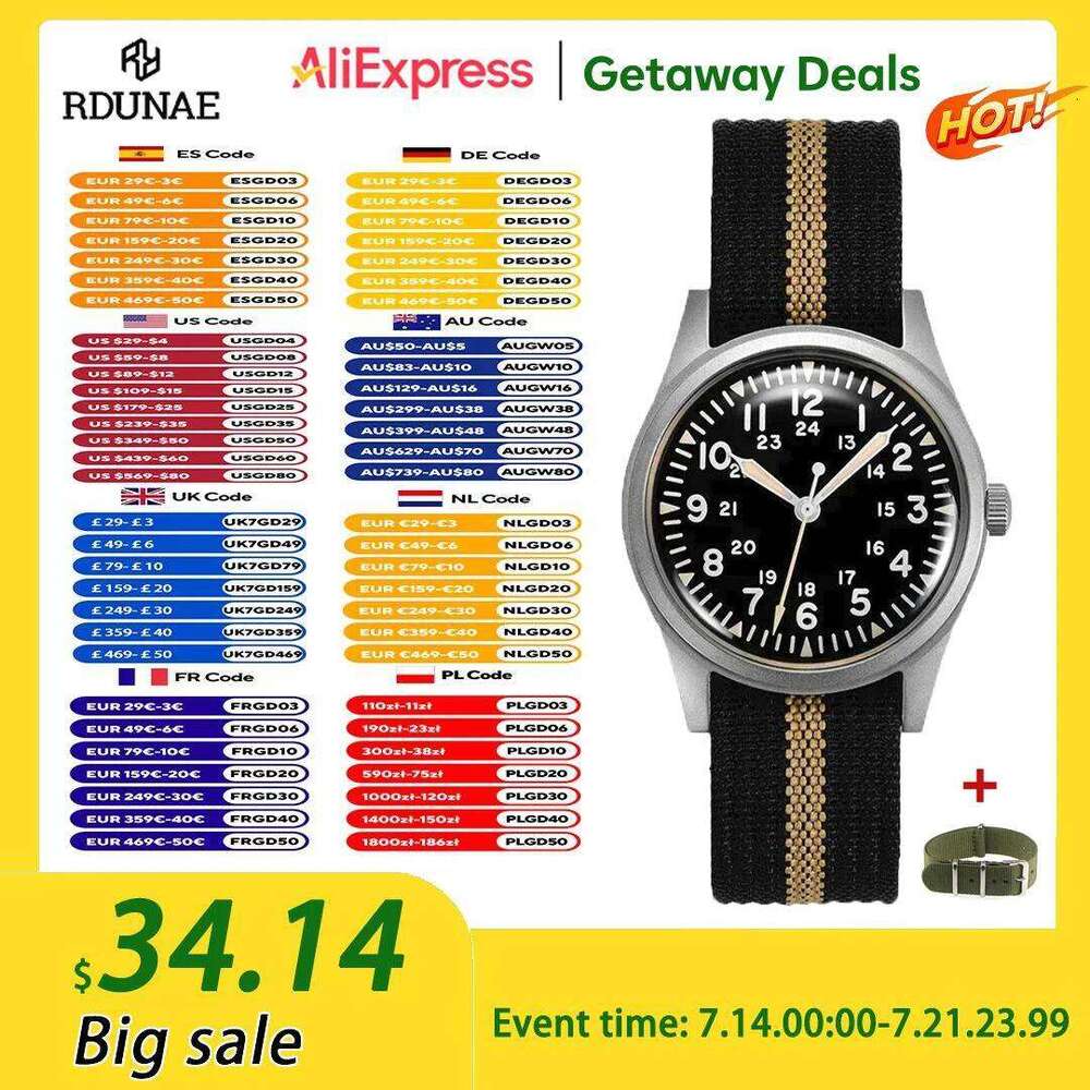 2025 New RDUNAE RA03 34.5mm Military Men Vintage Quartz Watch G10 Miyota 2035 Watches K1 Mineral Glass Stainless Steel Wristwatc free shipping