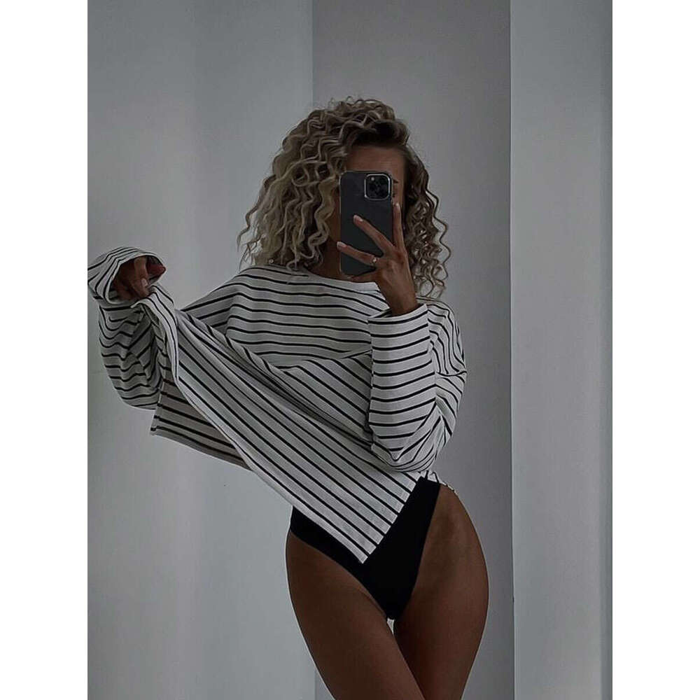 Spring Summer New Striped T-Shirt For Women Simple Casual Loose Slim Pullover Long Sleeve Top B5