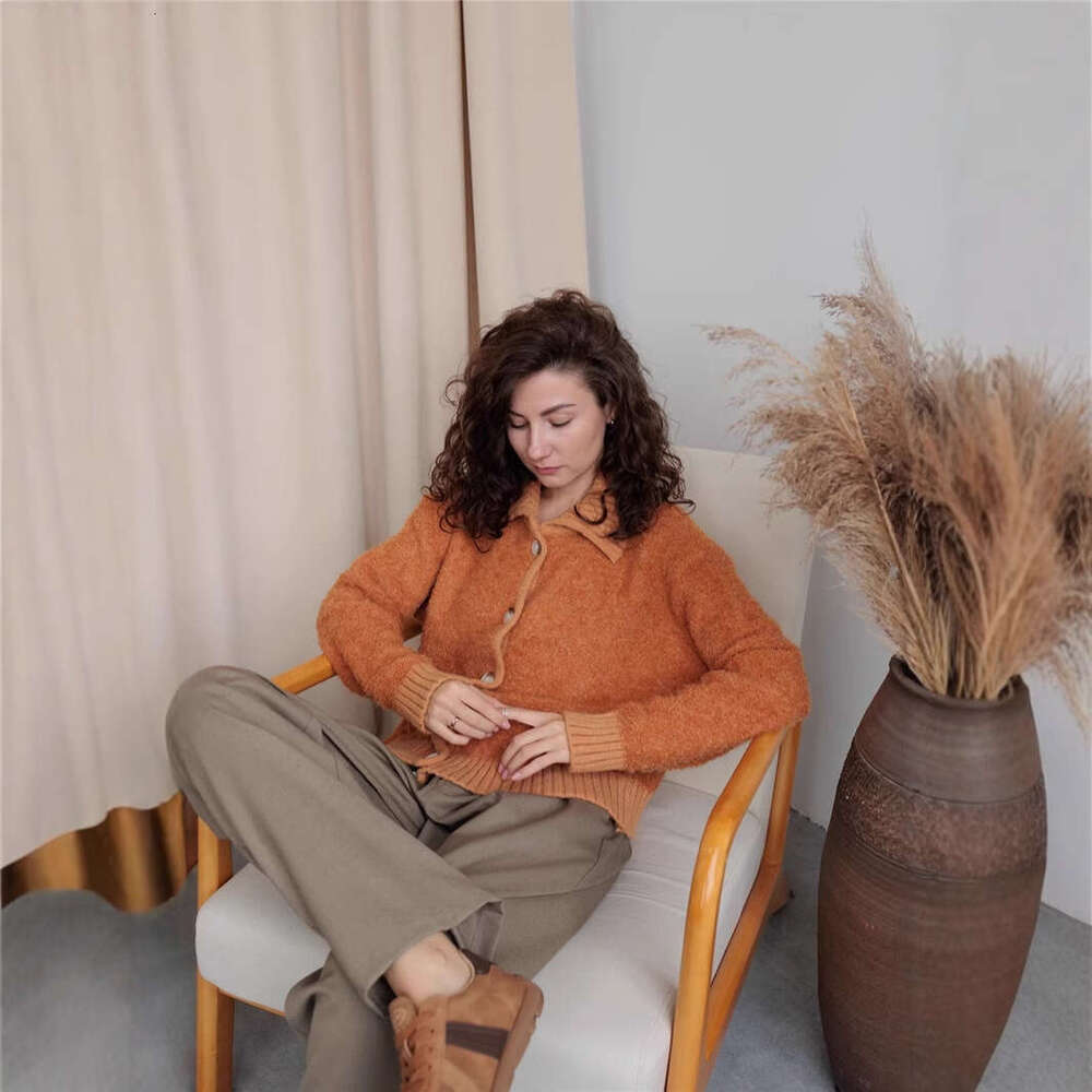 Caramel Color Fluffy Sweater Coat For Women Autumn Winter New Lazy Loose Turn-Down Collar Knitted Cardigan Top B5