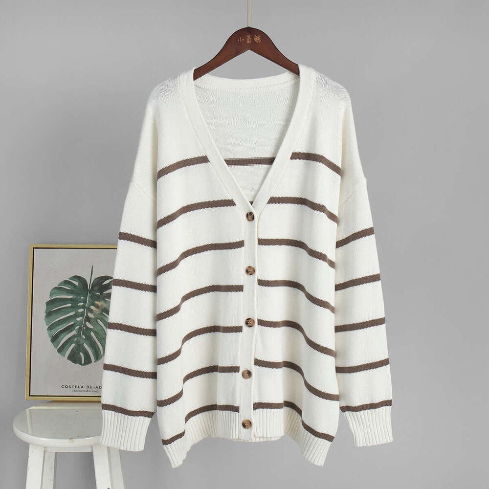Knitted Autumn Winter New V-Neck Cardigan Pure Cotton Striped Sweater Women B5
