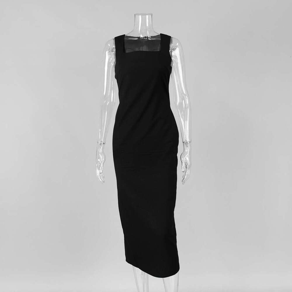 Minimalist Solid Color Square Neck Strap Summer New Slim Fit Cotton Linen Long Dress B5