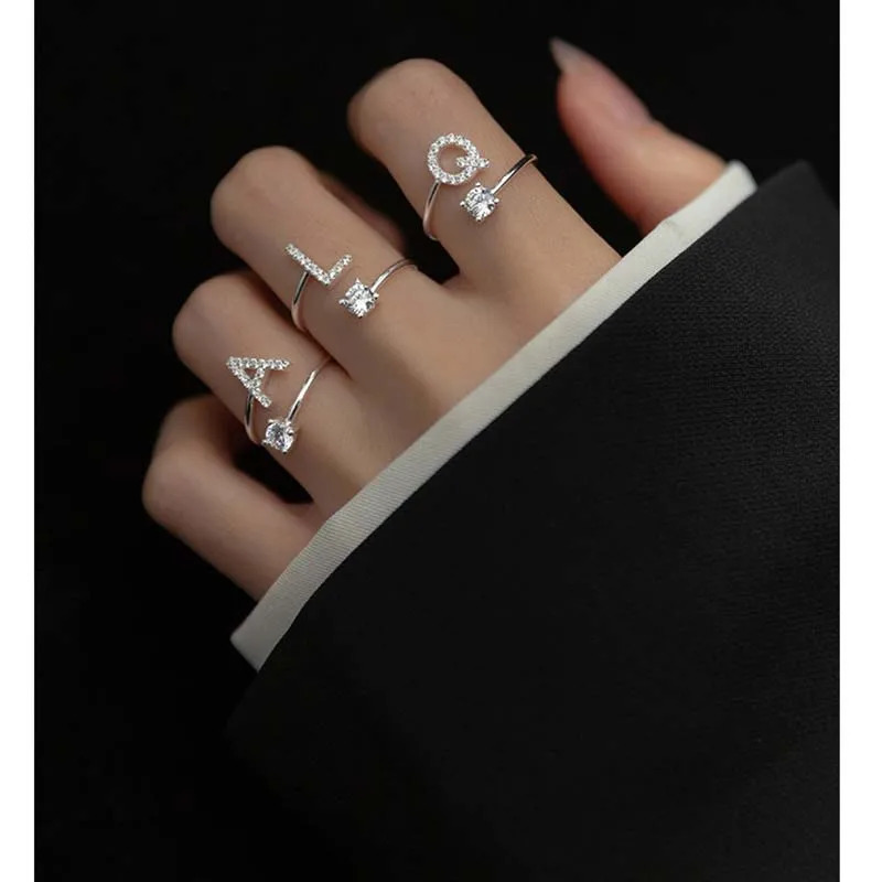Zircon Initial AZ Letter Ring For Women Metal Adjustable Opening Name Alphabet Female Wedding Gift anillos mujer 250716