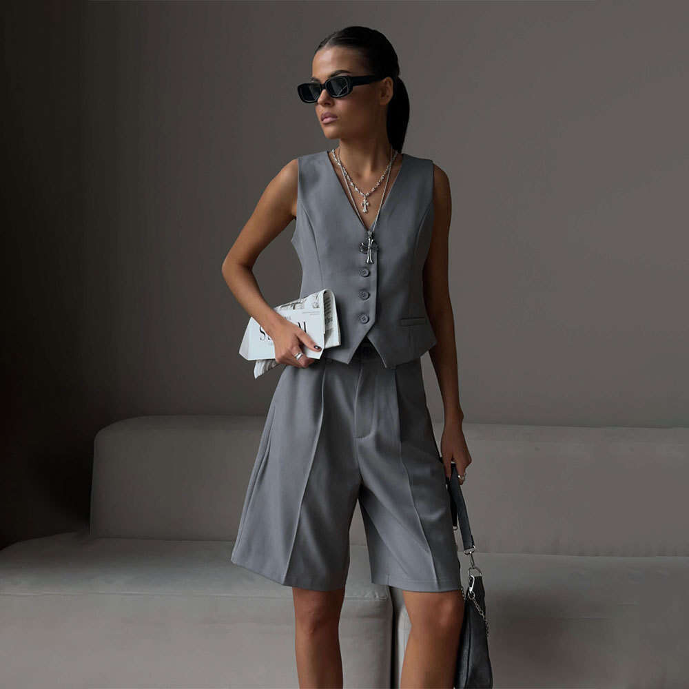 Vest And Spring Summer V-Neck Single-Breasted Waistcoat + Straight-Leg Suit Shorts Set B5