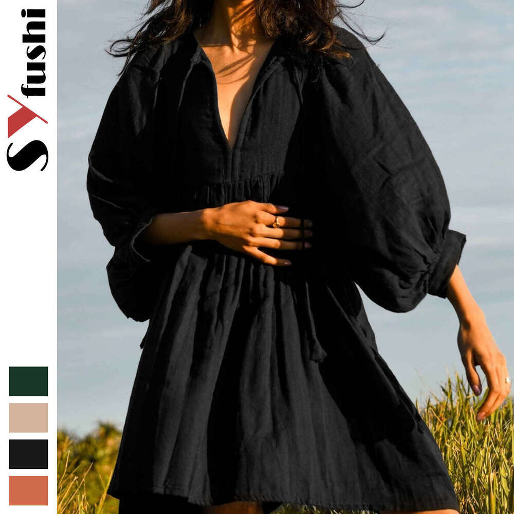 Fashion Summer Women's Solid Color Plus Size Loose Lantern Sleeve Casual Elegant Versatile Dress B5