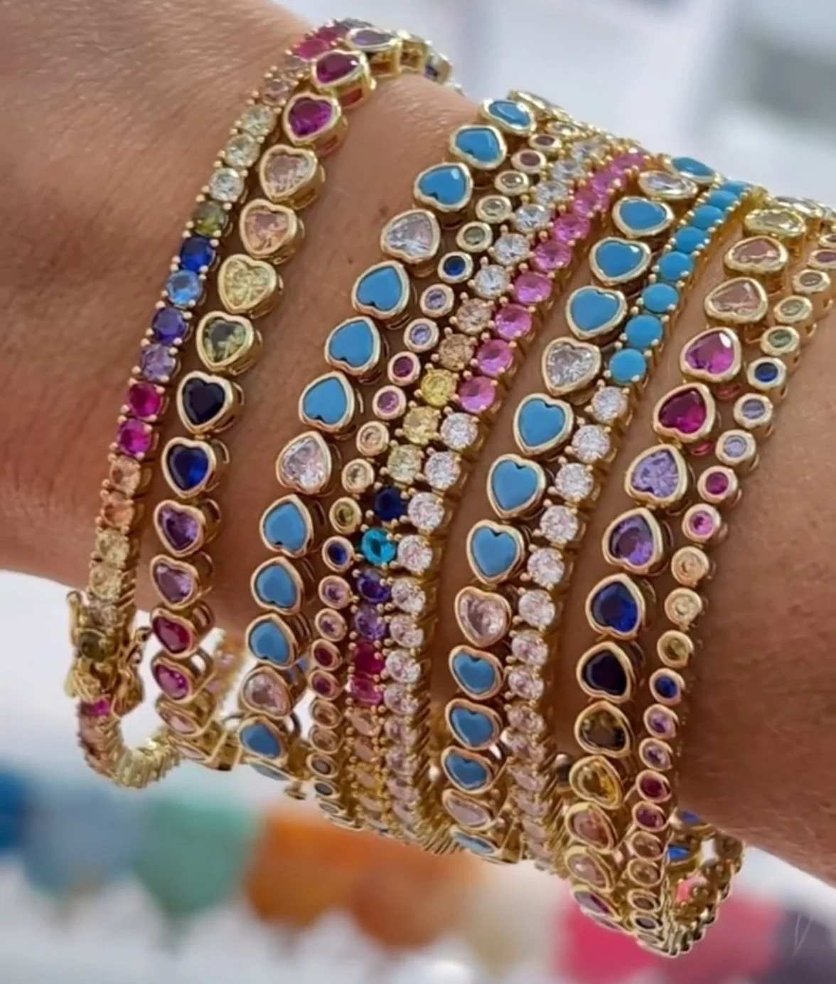 Summer Selling Gold Plated White CZ Blue Turquoises Heart Shaped Tennis Chain Bracelet For Women Fashion 250717