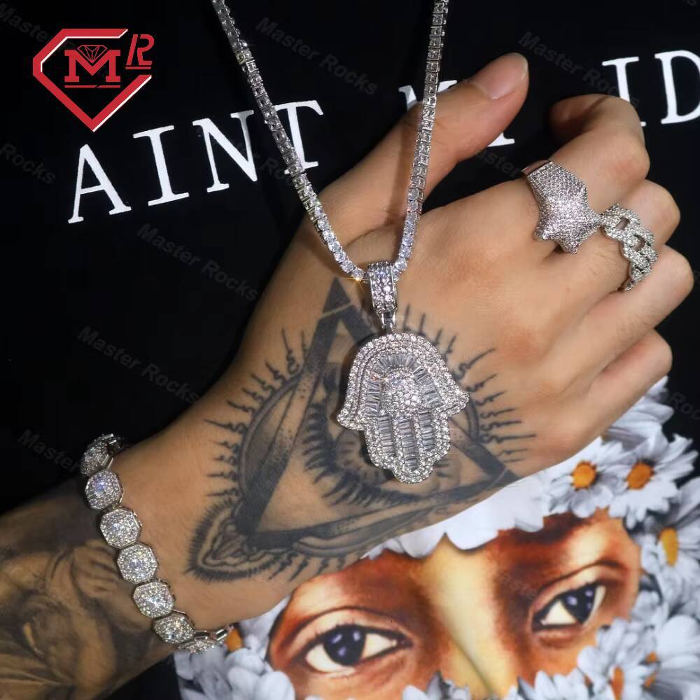 Luxury Hip Hop Jewelry 925 Sterling Silver Iced Out Baguette Diamond Pendant Mens Vvs Hamsa Pendant Moissanite