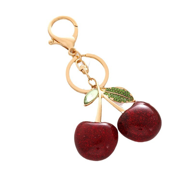 Diamond-in Cherry Bag Charms Fashionable Fruit Metal Keychain Hanging Accessories Women's Bag Accessories