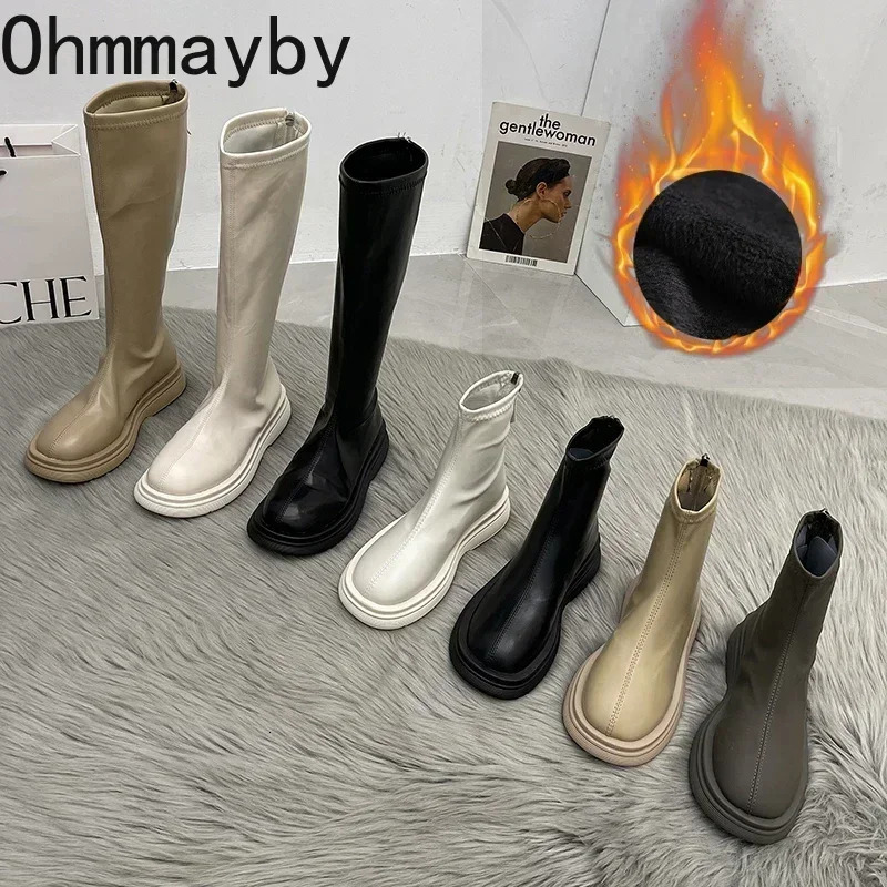 2025 Women Long Boots Thick Sole Ladies Zipper Knight Flats Heel Boots Fashion Knee-high Boots Keep Warm Plush Winter Shoes 250717