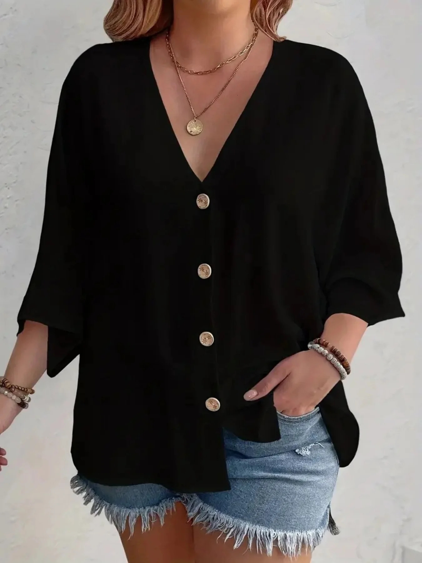 Plus Size 2025 Fashion Womens Tops Loose VNeck Long Sleeve TShirt Spring Summer Elegant Solid Color Casual Blouse 250707