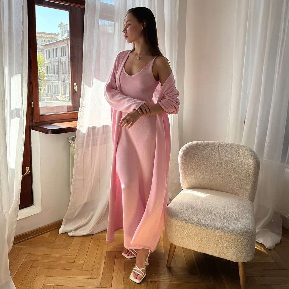 Knitted Long Sleeve Cardigan + Camisole Dress Autumn Soft Cover-Up Set For Women B5